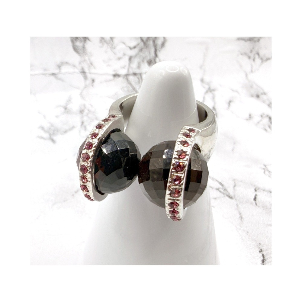 New Ring Black Glass Red Rhinestones Silver Tone Size 5.5 Cocktail Statement